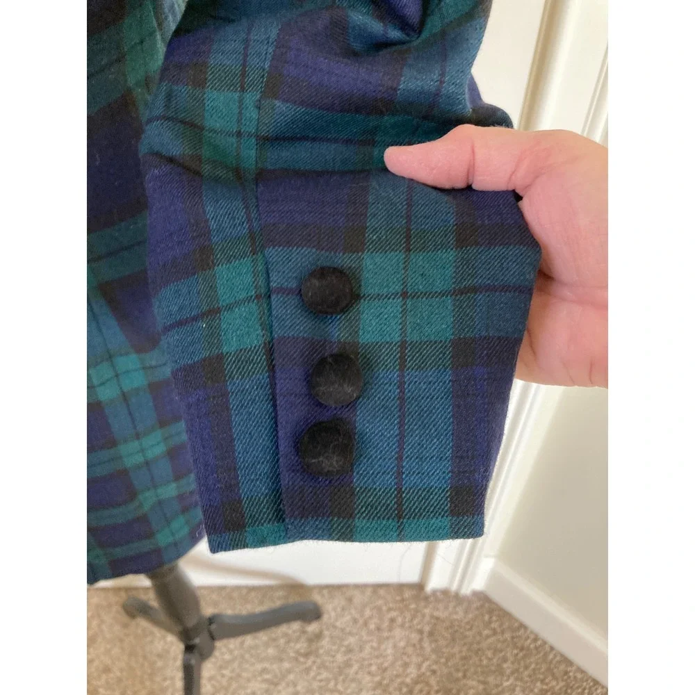 Stephanie Andrews Black Watch Plaid Longline Blazer Coat Velvet Collar 6 Petite